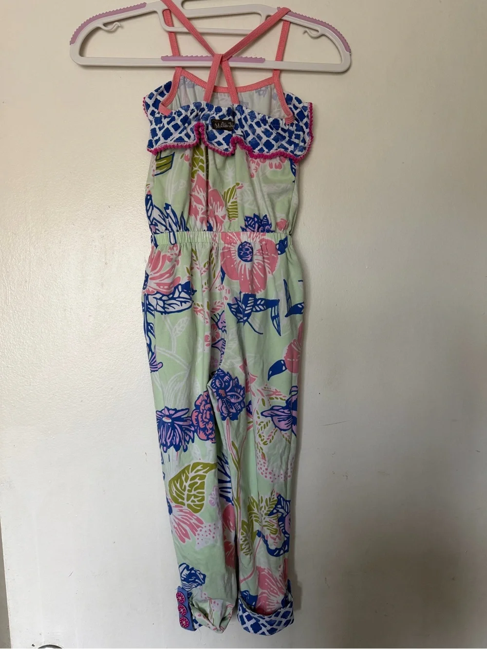 Matilda Jane Girls Floral Romper Jumpsuit Pink Blue Green Pom Trim Pockets
